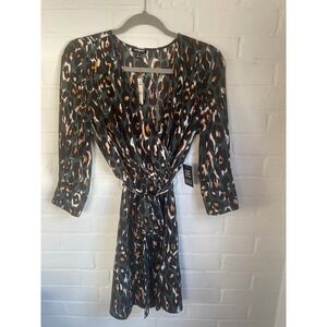 NWT EXPRESS Leopard Print Wrap Midi Dress Green Black Orange Women's XXS